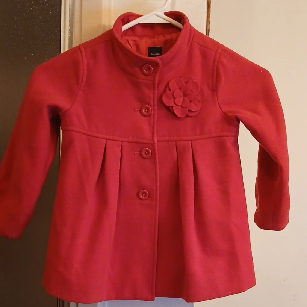 Baby GAP Kids Cherry Red Pea Coat with Floral Detail. Sz.4t‎
